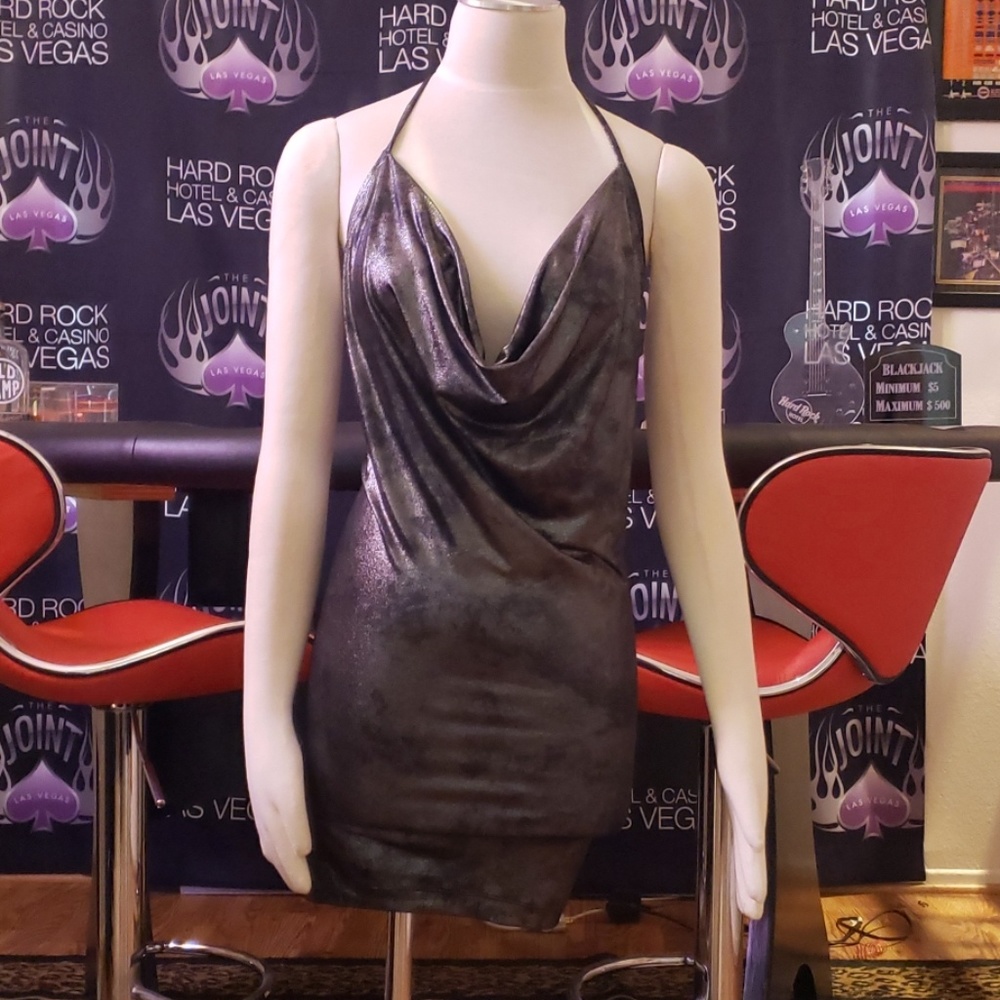 Gun metal gray party dress with drop neckline